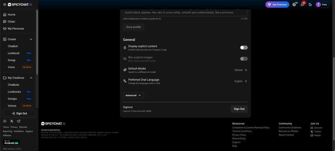 SpicyChat settings page with the display explicit content option, the second toggle needed to see NSFW characters
