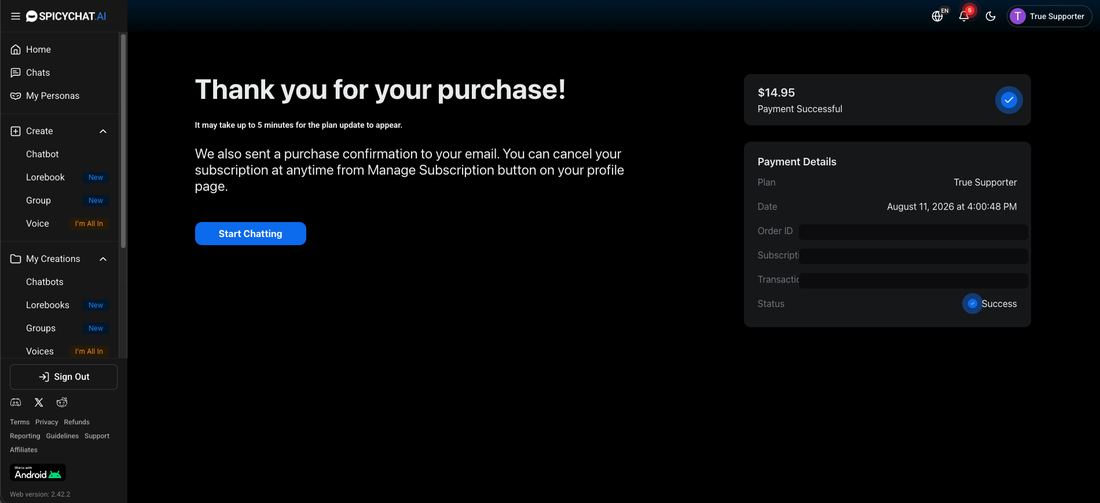 SpicyChat thank you for your purchase page confirming the True Supporter plan at $14.95 with identifiers redacted