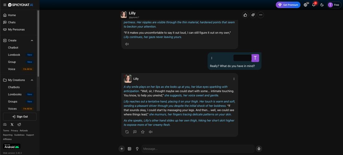 SpicyChat conversation with Lilly on a free account, showing explicit chat and a text-only message box