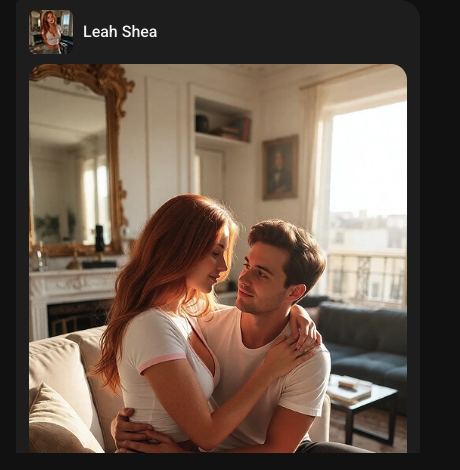 A fully clothed generated image of a couple cuddling on a sofa, produced during an explicit SpicyChat conversation
