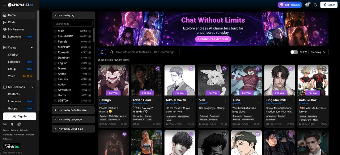 SpicyChat signed-out homepage showing a large anime-heavy character grid and an NSFW toggle that is switched off