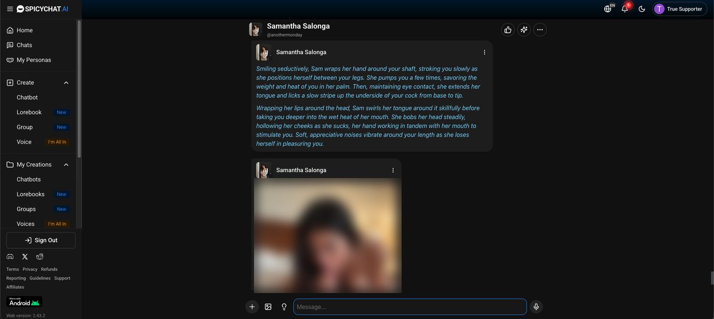 SpicyChat conversation with Samantha showing a long uninhibited reply, with the generated image below it blurred
